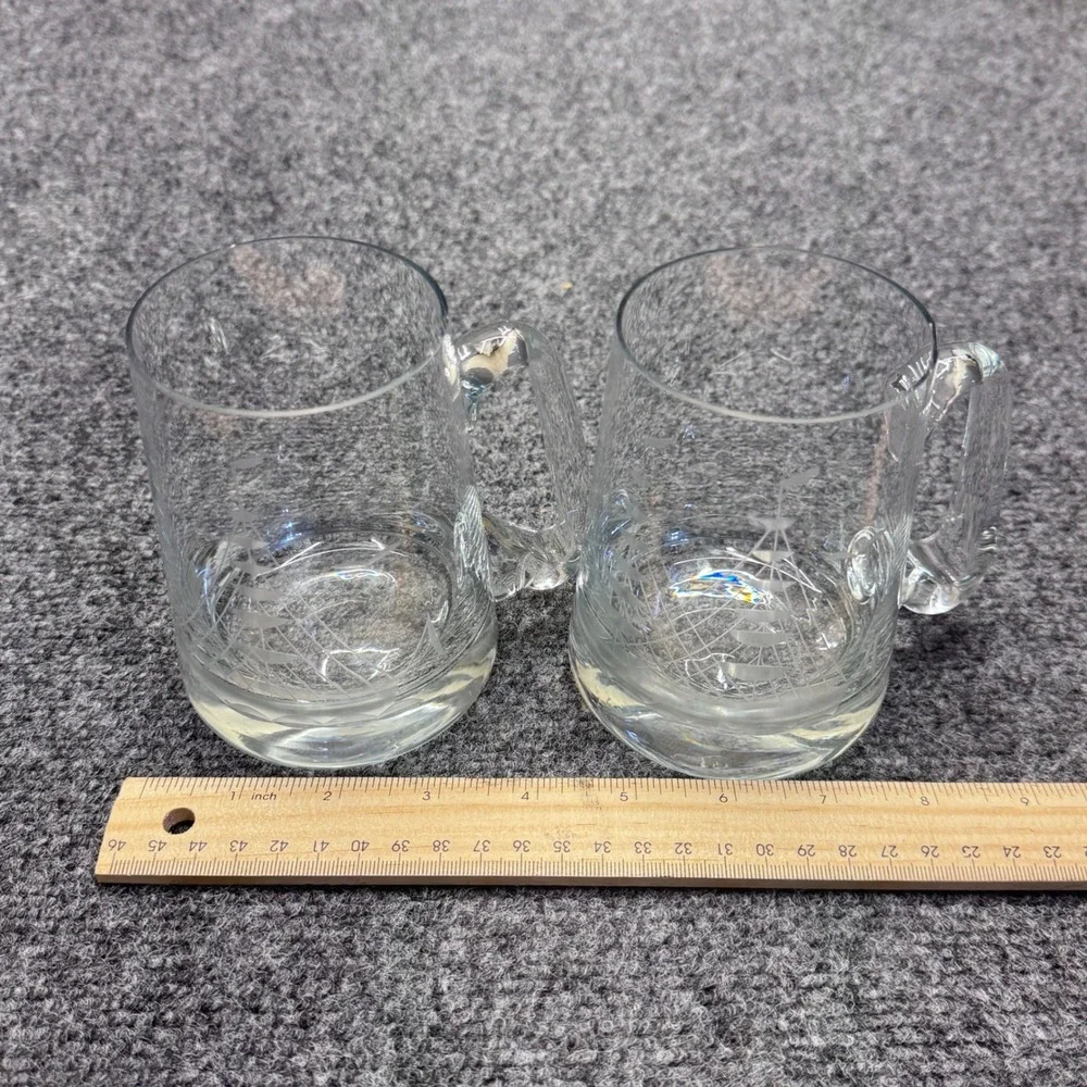 Unbranded Etched Glass Ship Beer Mugs Set of 2 Clear Nautical Sailing Coastal